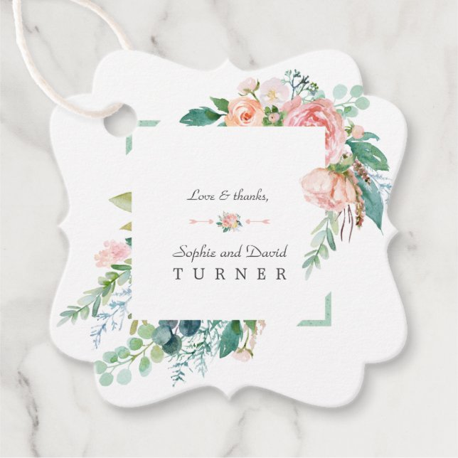 Aquarellfarben Rosa Weiße Blume Grüne Rahmen Hochz Geschenkanhänger (Vorderseite)