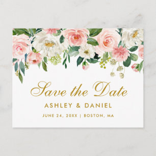 Aquarellfarben Rosa Weißes Blumengold Save the Dat Ankündigungspostkarte