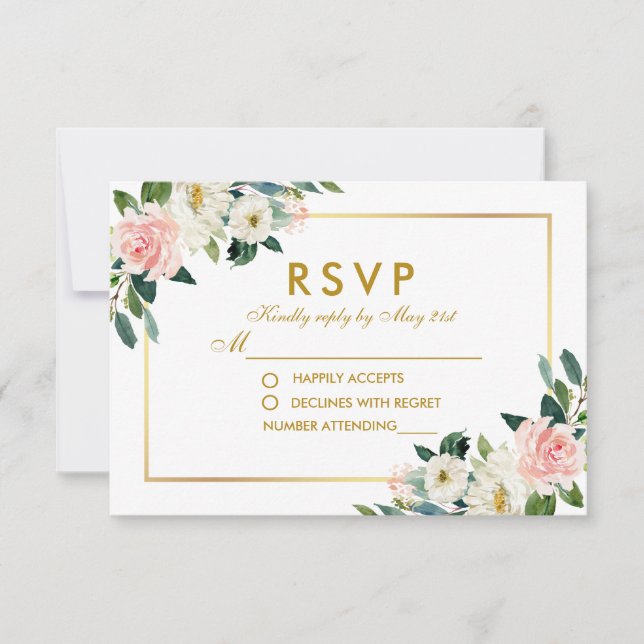 Aquarellfarben Rosa Weißes Gold Hochzeit RSVP Pk (Vorderseite)
