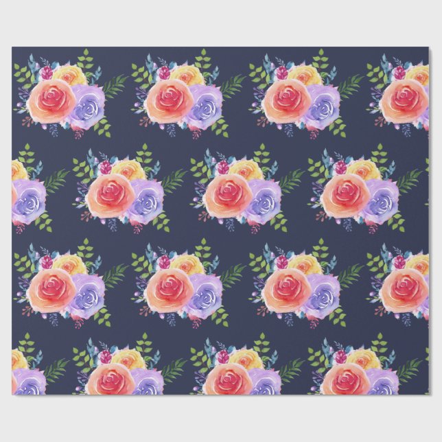 Aquarellfarben-Rose Blumenmuster auf Navy Blue Geschenkpapier (Flach)