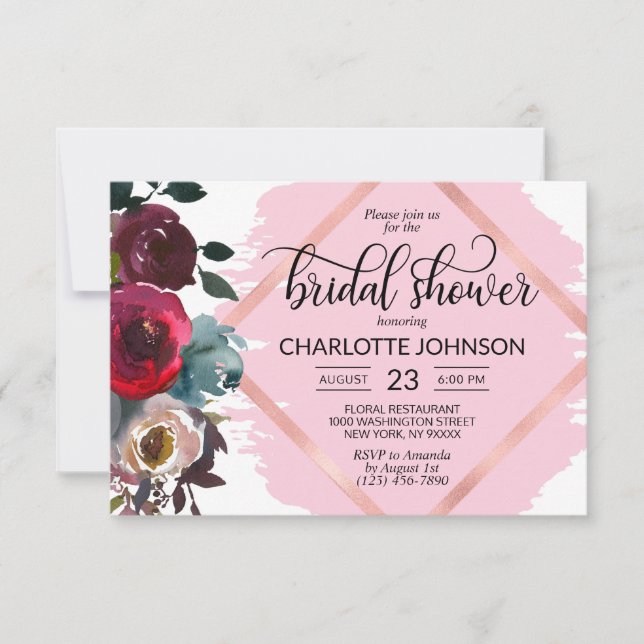 Aquarellfarben Rose Burgund Gold Brautparty Einladung (Vorderseite)