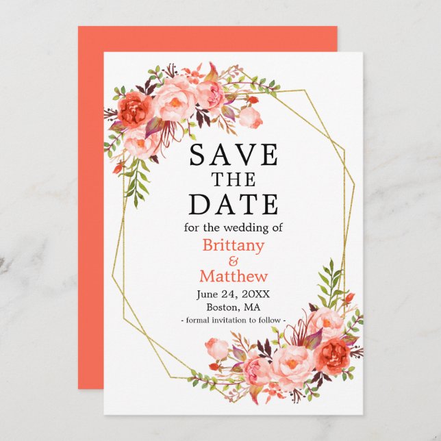 Aquarellfarben Rose Floral Gold Geo Rahmen Save The Date (Vorne/Hinten)