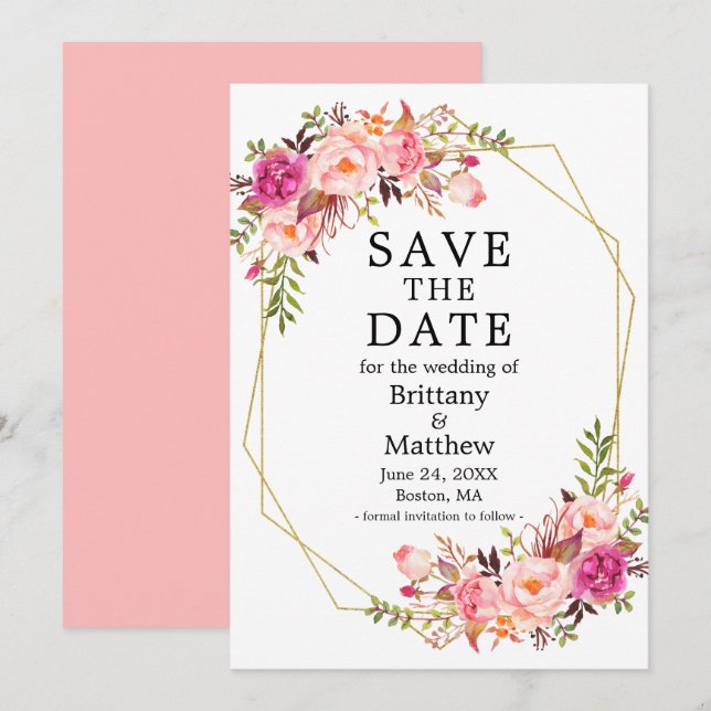 Aquarellfarben Rose Gold-Geo-Rahmen Save the Date  (Vorne/Hinten)