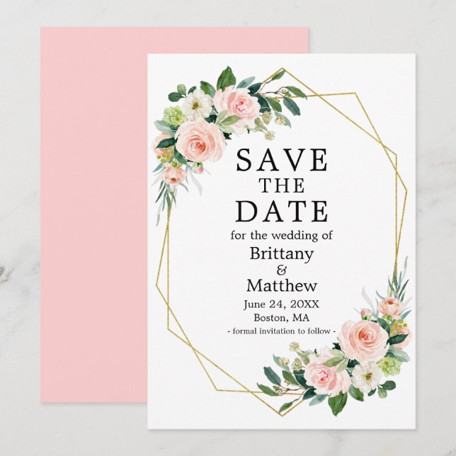 Aquarellfarben Rose Goldrahmen Rosa Rosa Save The Date (Vorne/Hinten)