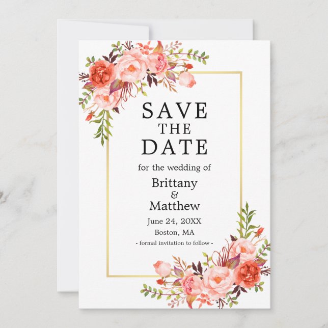 Aquarellfarben Rose Goldrahmen Save the Date (Vorderseite)