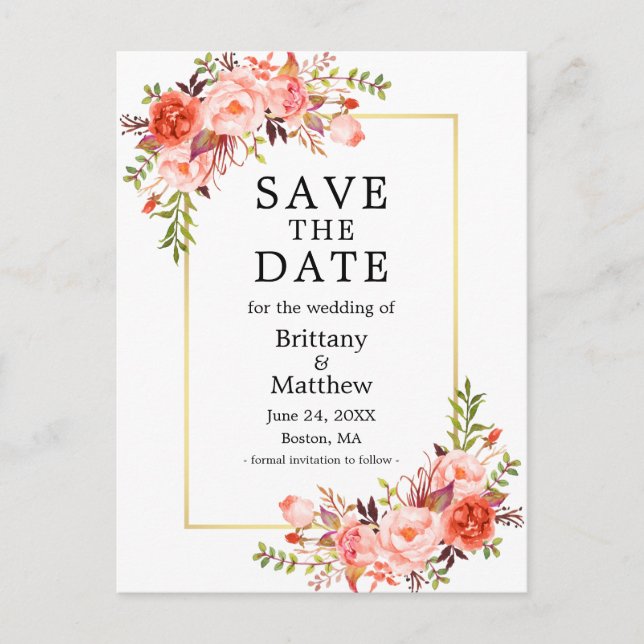 Aquarellfarben Rose Goldrahmen Save the Date Postkarte (Vorderseite)