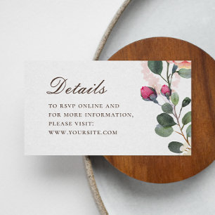 Aquarellfarben Rose Hochzeitsdetails. Elegante Blu Begleitkarte