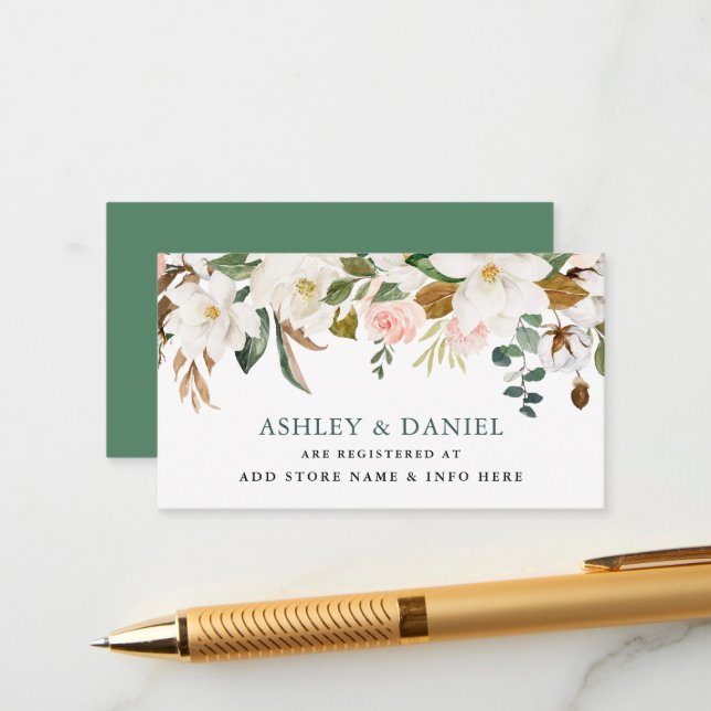 Aquarellfarben-Rose-Magnolias-Hochzeitsregisterein Begleitkarte (Vorderseite/Rückseite Beispiel)