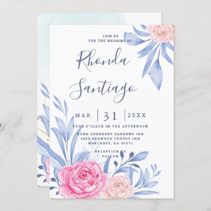 Aquarellfarben Rose Rosa wolkige blaue Blätter Hoc Einladung