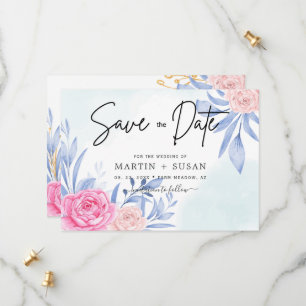 Aquarellfarben Rose Rosa wolkige blaue Blätter Hoc Save The Date