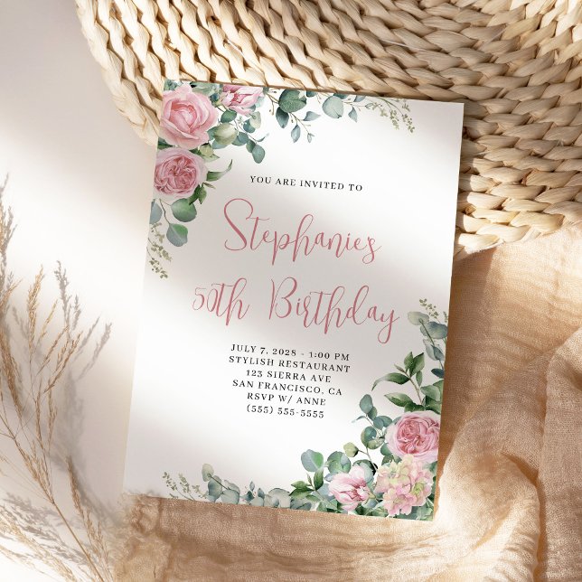 Aquarellfarben Rosen Blumengeburt Einladung (Pretty watercolor pink roses birthday invite for her.)