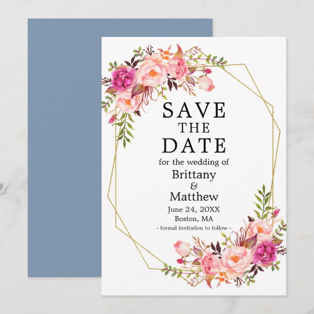 Aquarellfarben Rosen Geo Frame dumm Blau Save The Date (Vorne/Hinten)