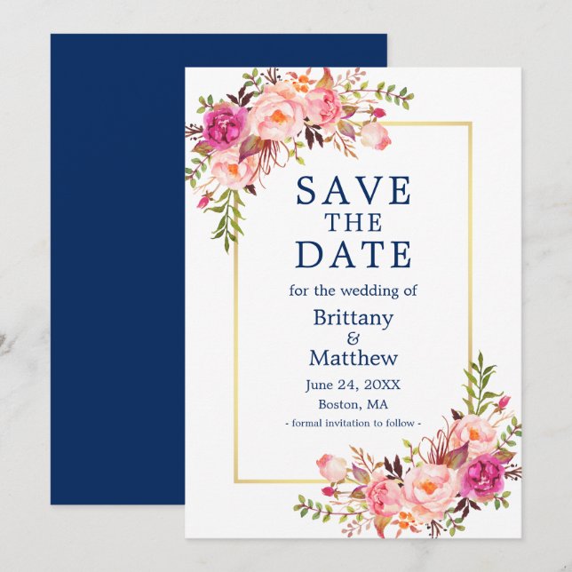 Aquarellfarben Rosen Gold Navy Blau Save the Date (Vorne/Hinten)