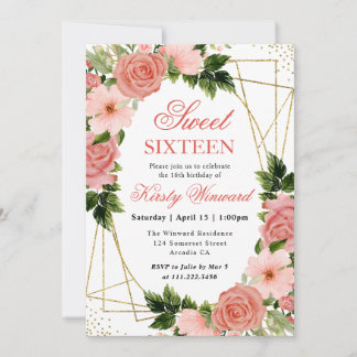 Aquarellfarben Rosen Gold Rahmen Sweet 16 Einladung