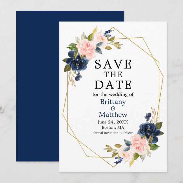 Aquarellfarben Rosen Navy Blue Gold Geo Frame Save The Date (Vorne/Hinten)