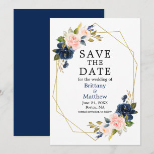 Aquarellfarben Rosen Navy Blue Gold Geo Frame Save The Date