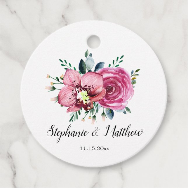 Aquarellfarben Rosen Orchideen Foliage Hochzeit Geschenkanhänger (Vorderseite)