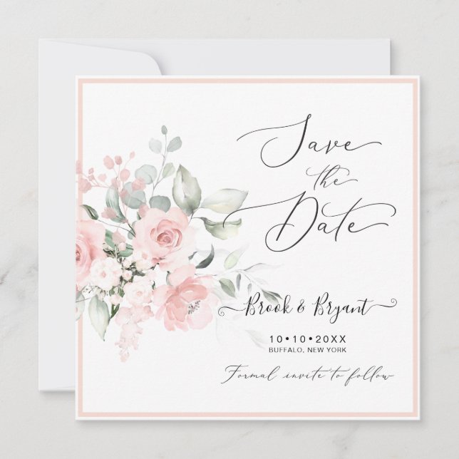 Aquarellfarben Rosen Save the Date blush Pink Rose Einladung (Vorderseite)