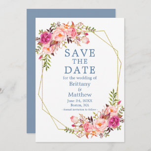 Aquarellfarben Roses Dusty Blue Geo Frame Save The Date