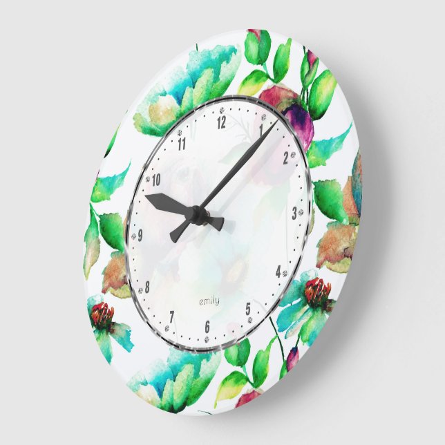 Aquarellfarben Rot-Budding-Rose auf Blond Wood Große Wanduhr (Winkel)