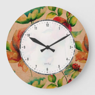 Aquarellfarben Rot-Budding-Rose auf Blond Wood Große Wanduhr