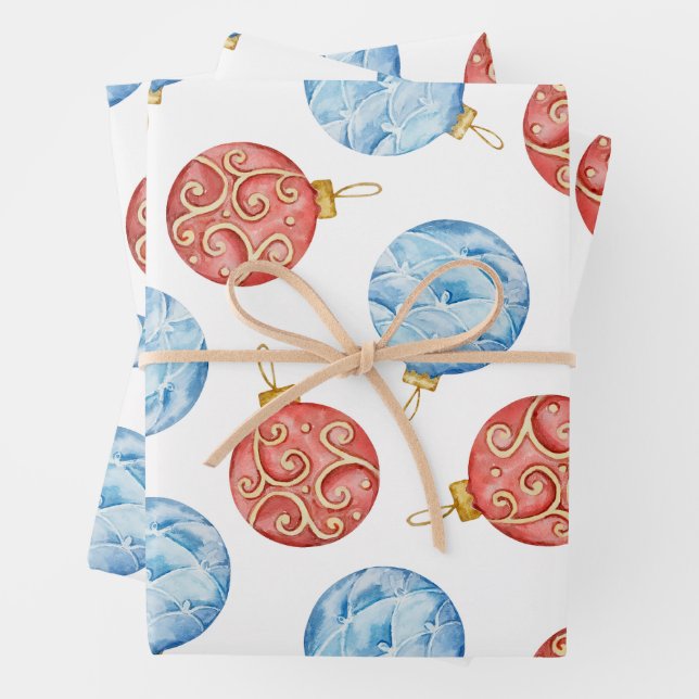 Aquarellfarben Rot und Blau Weihnachtsschmuck Geschenkpapier Set (Beispiel)
