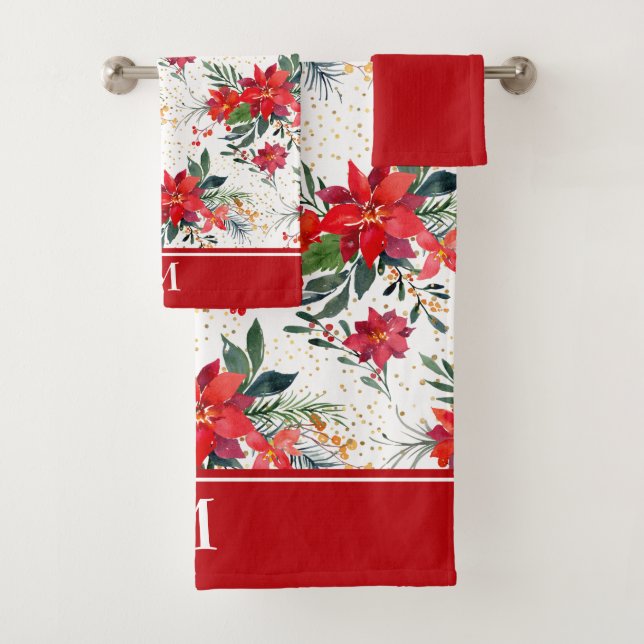 Aquarellfarben Rote Poinsettia Bouquet Monogramm Badhandtuch Set (Insitu)