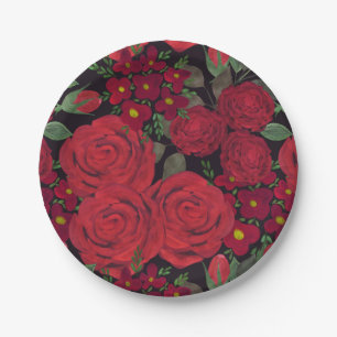 Aquarellfarben-rote Rosen auf schwarz, Pappteller