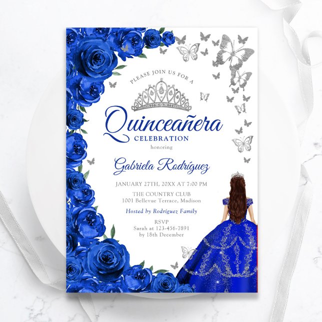 Aquarellfarben Royal Blauer Rose Quinceanera Einladung (Von Creator hochgeladen)