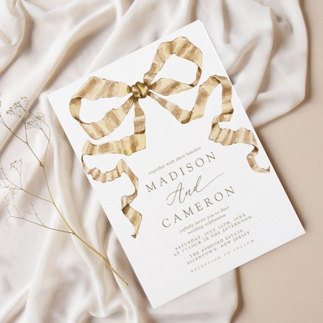Aquarellfarben-Schleife Gold und Weiße Hochzeit Einladung (Von Creator hochgeladen)