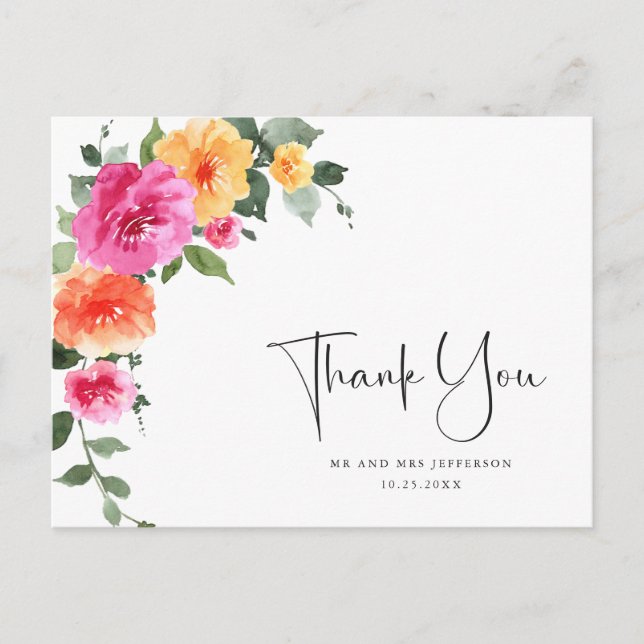 Aquarellfarben - Schwarz, Rosa Blume Danke Postkarte (Vorderseite)