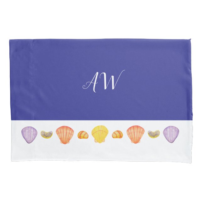 Aquarellfarben Seashells Blue Pillowcase mit Monog Kissenbezug (Vorderseite)