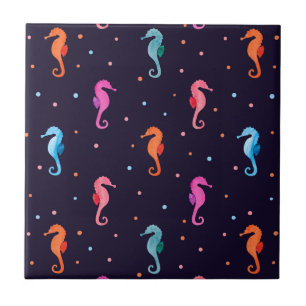 Aquarellfarben-Seepferde auf Navy Blue Pattern Fliese
