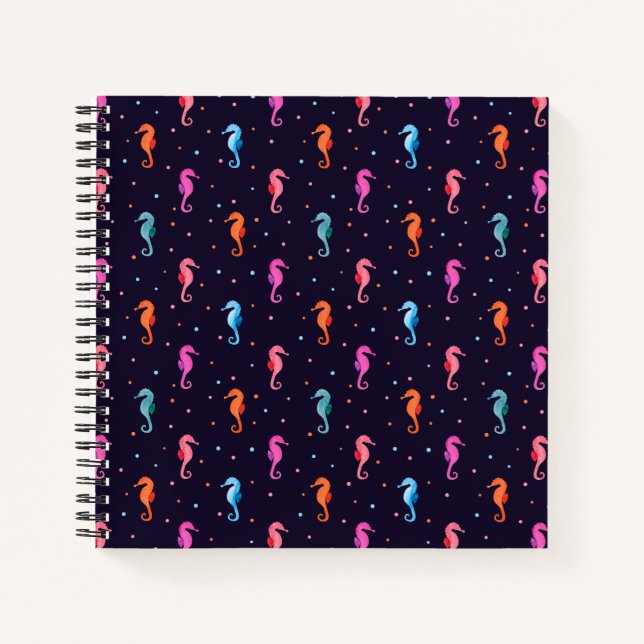 Aquarellfarben-Seepferde auf Navy Blue Pattern Notizbuch (Vorderseite)