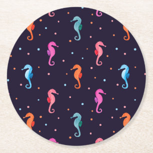 Aquarellfarben-Seepferde auf Navy Blue Pattern Runder Pappuntersetzer