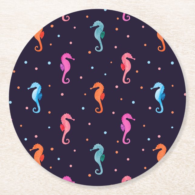 Aquarellfarben-Seepferde auf Navy Blue Pattern Runder Pappuntersetzer (Vorderseite)