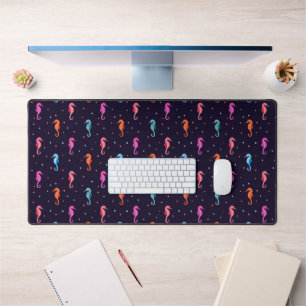 Aquarellfarben-Seepferde auf Navy Blue Pattern Schreibtischunterlage