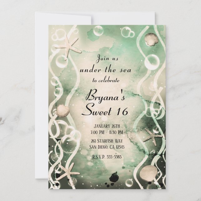 Aquarellfarben Splash Olive Under the Sea Sweet 16 Einladung (Vorderseite)