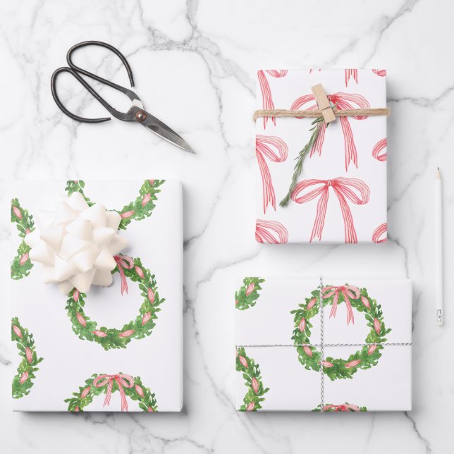 Aquarellfarben Strippenfarben Kranz Weihnachten Geschenkpapier Set (Vorderseite)