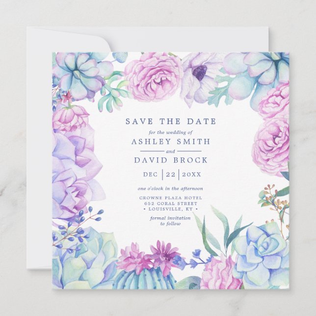 Aquarellfarben Sukkulatur Blumenpastel Save the Da Date (Vorderseite)
