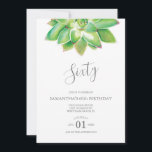 Aquarellfarben Sukkulent 60. Geburtstagsfeier Einl Einladung<br><div class="desc">Do Tell A Belle's botanische Einladung zum 60. Geburtstag umrahmt Ihre Veranstaltungsdetails mit einem Top-Boarder eines Aquarells. Ein passendes Grau schmückt die Rückseite Ihrer Einladung. Eine schicke und dennoch moderne Wahl für Ihre Geburtstagsfeier oder Ihr Gartenfest. Wörter können in 50., 70., 80., Cheers bis 60 Jahre oder was auch immer...</div>