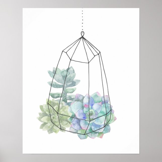Aquarellfarben Sukkulent Terrarium Handgezeichnet Poster (Vorne)