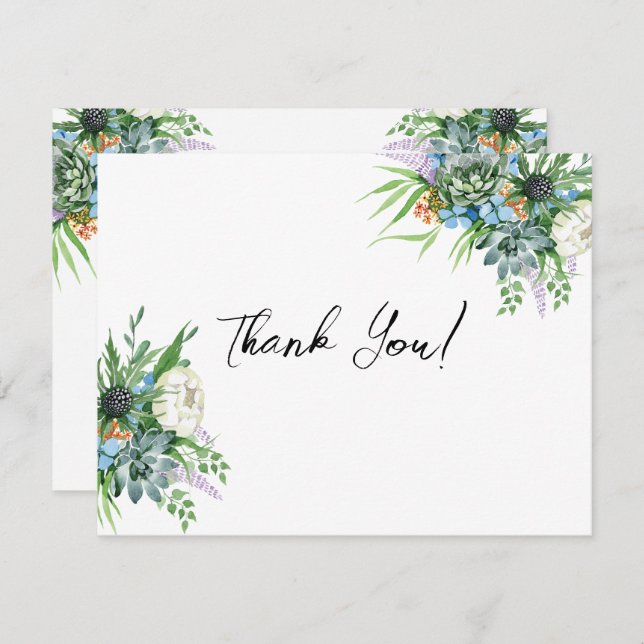 Aquarellfarben Sukkulentflora Bouquet Boho Wedding Dankeskarte (Vorne/Hinten)