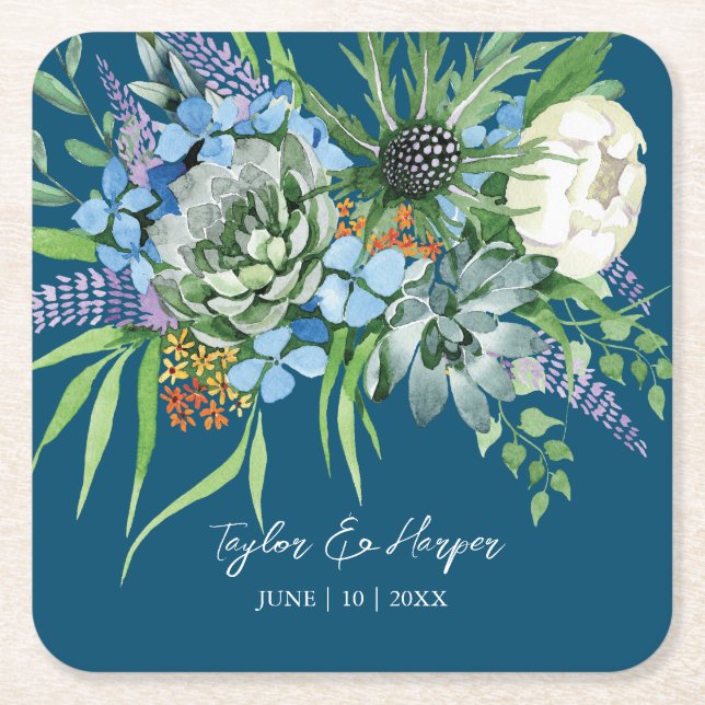 Aquarellfarben Sukkulentflora Bouquet Boho Wedding Rechteckiger Pappuntersetzer (Vorderseite)
