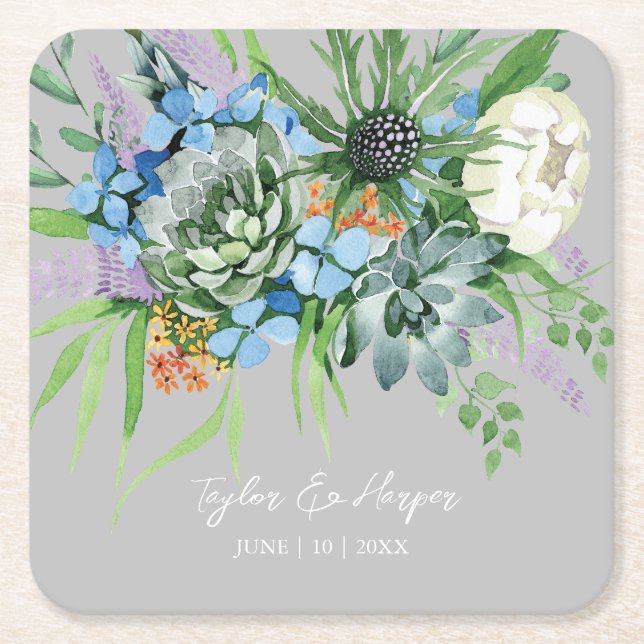 Aquarellfarben Sukkulentflora Bouquet Boho Wedding Rechteckiger Pappuntersetzer (Vorderseite)