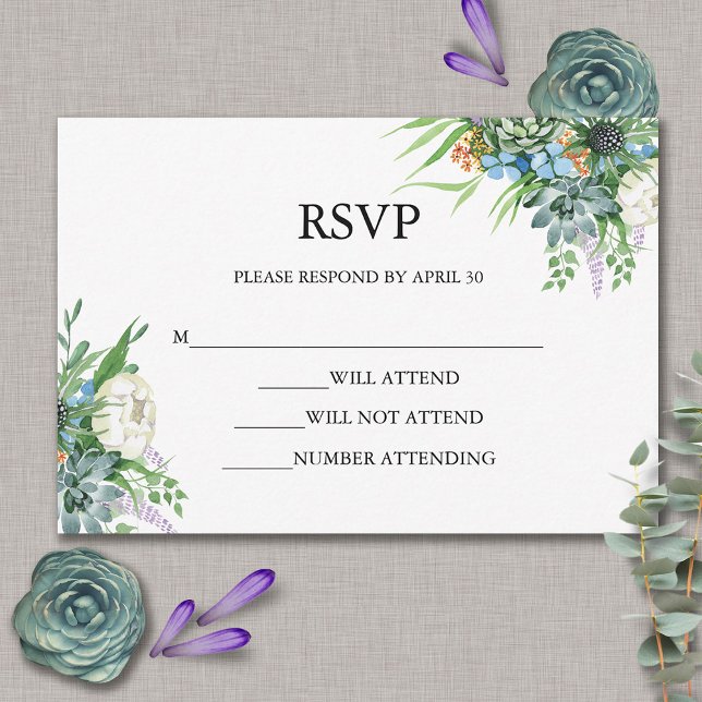Aquarellfarben Sukkulentflora Bouquet Boho Wedding RSVP Karte (Von Creator hochgeladen)