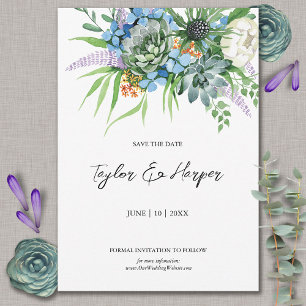 Aquarellfarben Sukkulentflora Bouquet Boho Wedding Save The Date