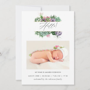 Aquarellfarben-Sukkuline Geburtsankündigung Foto-K Ankündigung