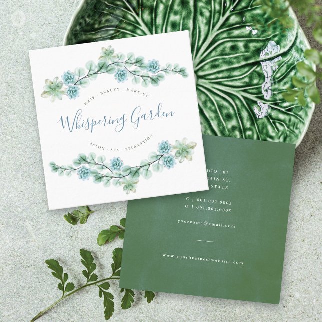 Aquarellfarben Sukkultureller Blumenchic Botanisch Quadratische Visitenkarte (Watercolor Succulent Floral Chic Botanical Garden Square Business Card @ fatfatin_blue_knot)