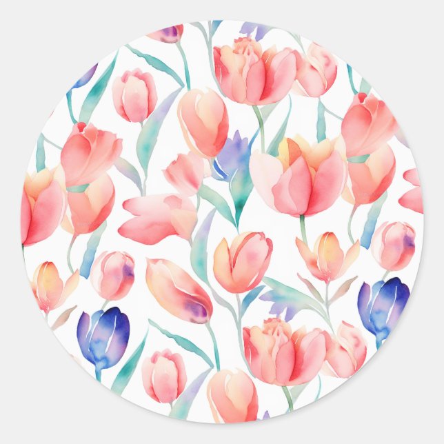 Aquarellfarben-Tulips-Musterkleber Runder Aufkleber (Vorderseite)